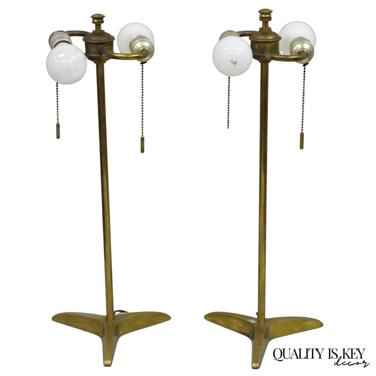 Vintage Gerald Thurston Stiffel Mid Century Modern Brass Tripod Table Lamp Pair