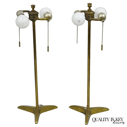 Vintage Gerald Thurston Stiffel Mid Century Modern Brass Tripod Table Lamp Pair