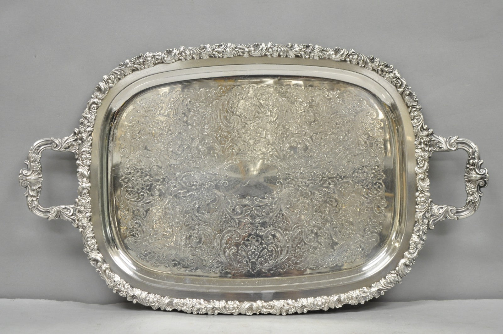 Vintage Gorham YC1466 Silver Plated Floral Repousse Bar Serving Tray w Handles