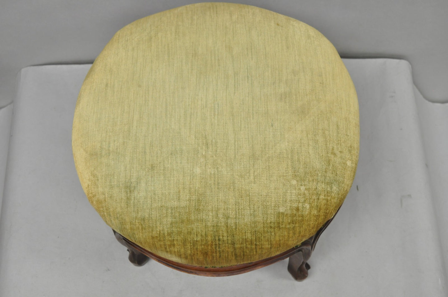 Antique Victorian Carved Mahogany Green Mohair Fabric Round Footstool Ottoman