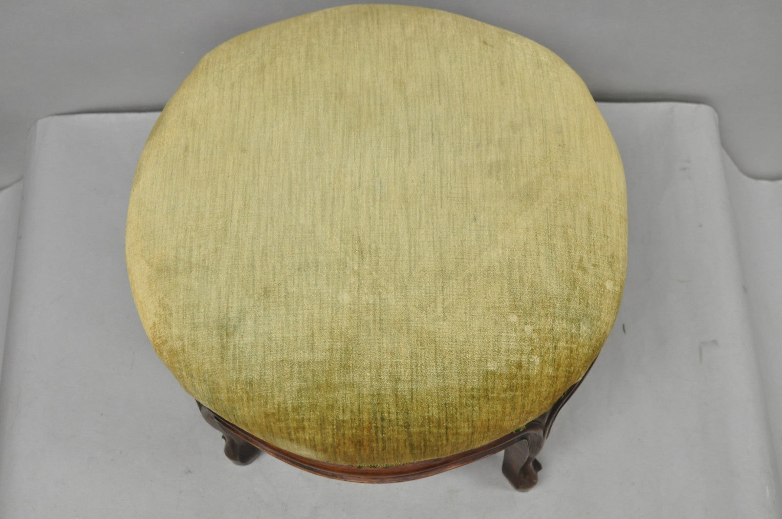 Antique Victorian Carved Mahogany Green Mohair Fabric Round Footstool Ottoman