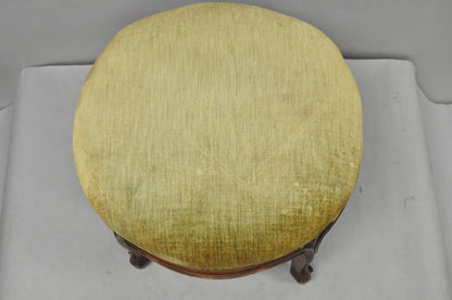 Antique Victorian Carved Mahogany Green Mohair Fabric Round Footstool Ottoman