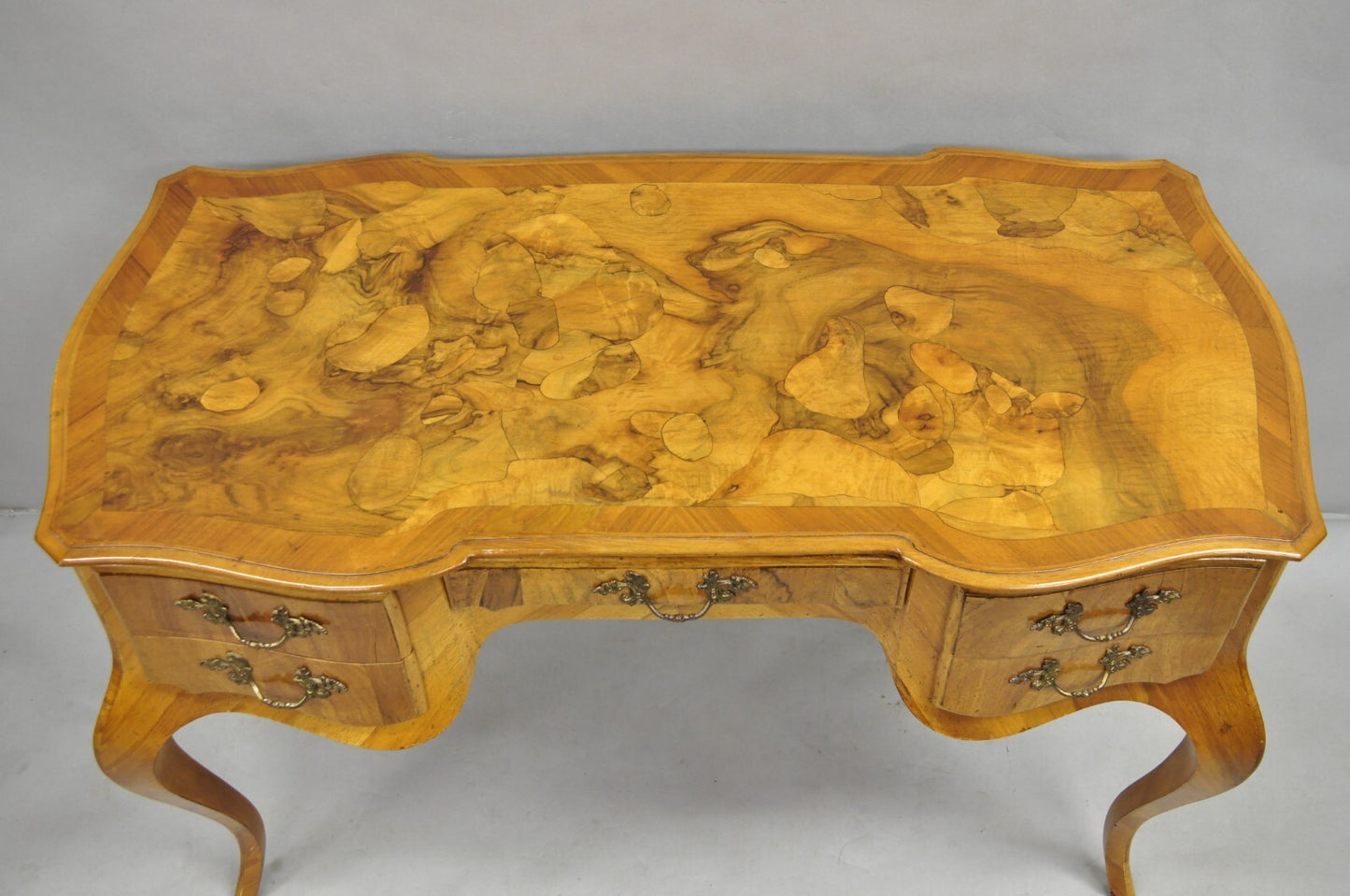Vintage Italian Rococo French Country Burl Wood Olive Wood Inlay Writing Desk
