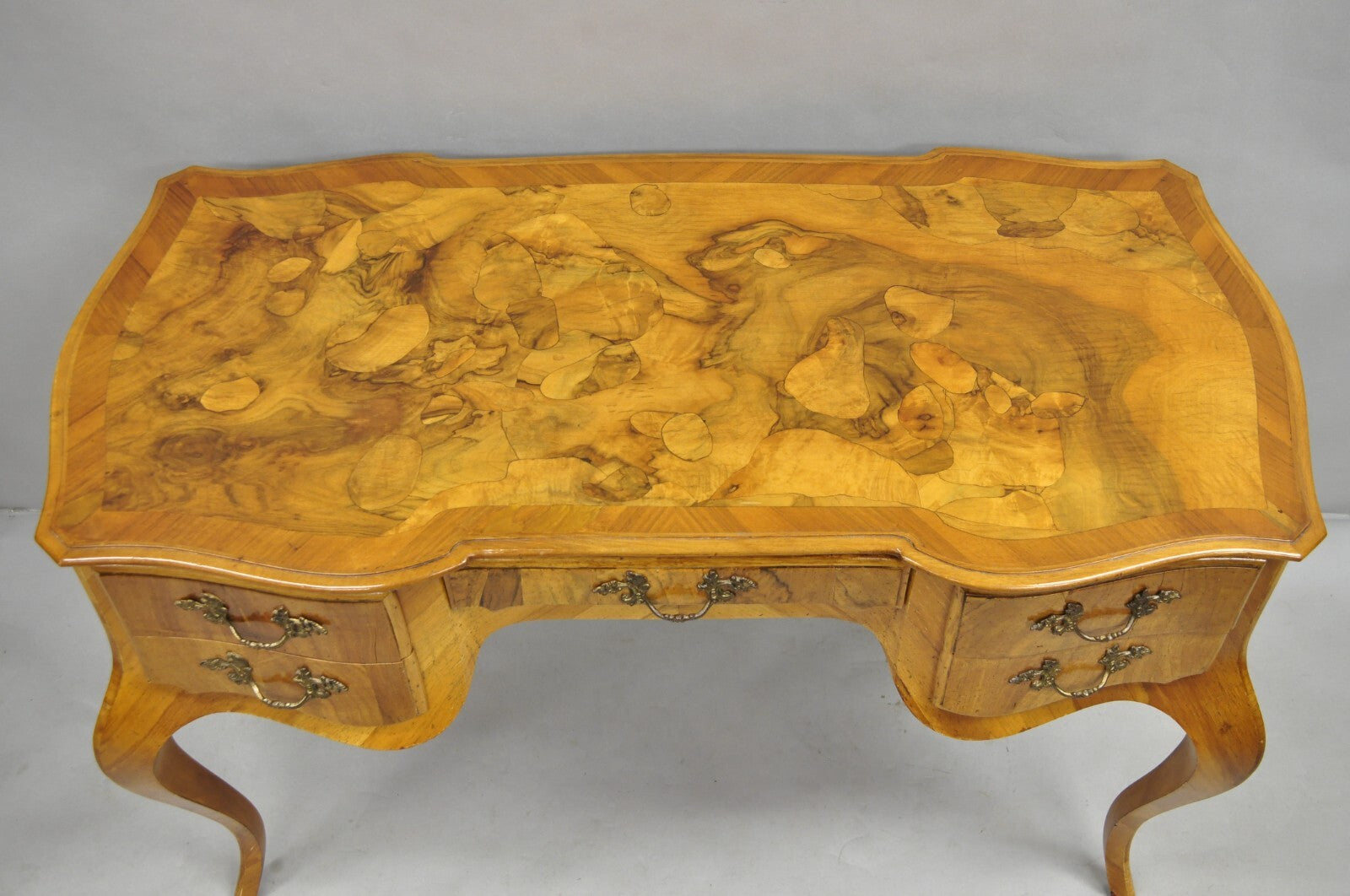 Vintage Italian Rococo French Country Burl Wood Olive Wood Inlay Writing Desk