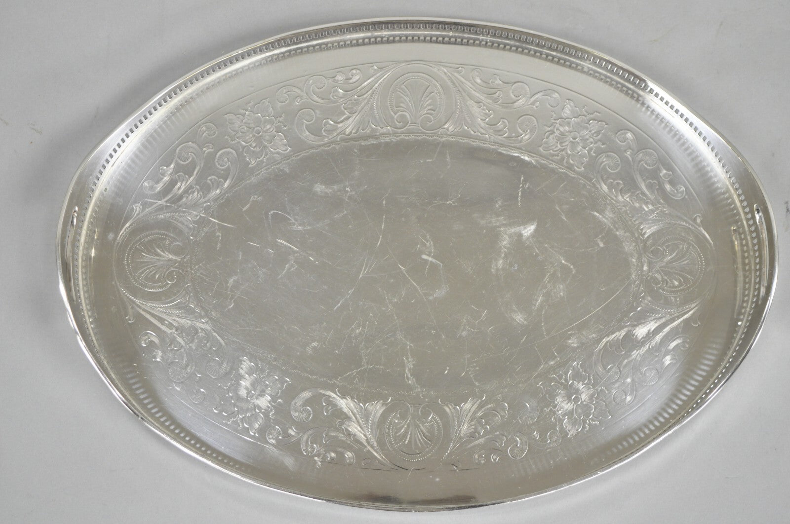 Antique English Sheffield Edwardian Silver Plated Oval 16" Bar Tray w/ Gallery