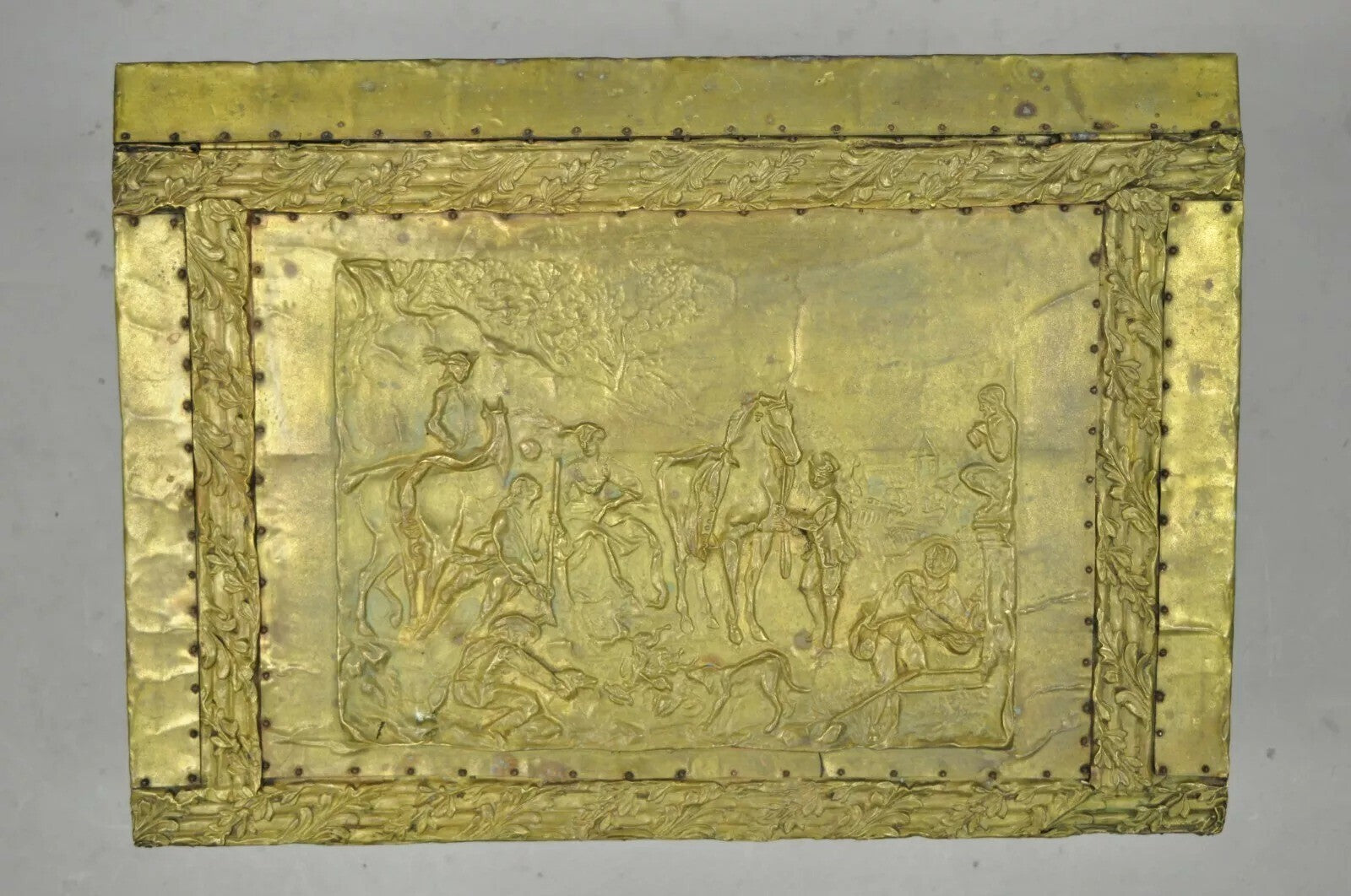 Antique Victorian Embossed Brass Fireplace Log Box Coal Box with Country Scenes