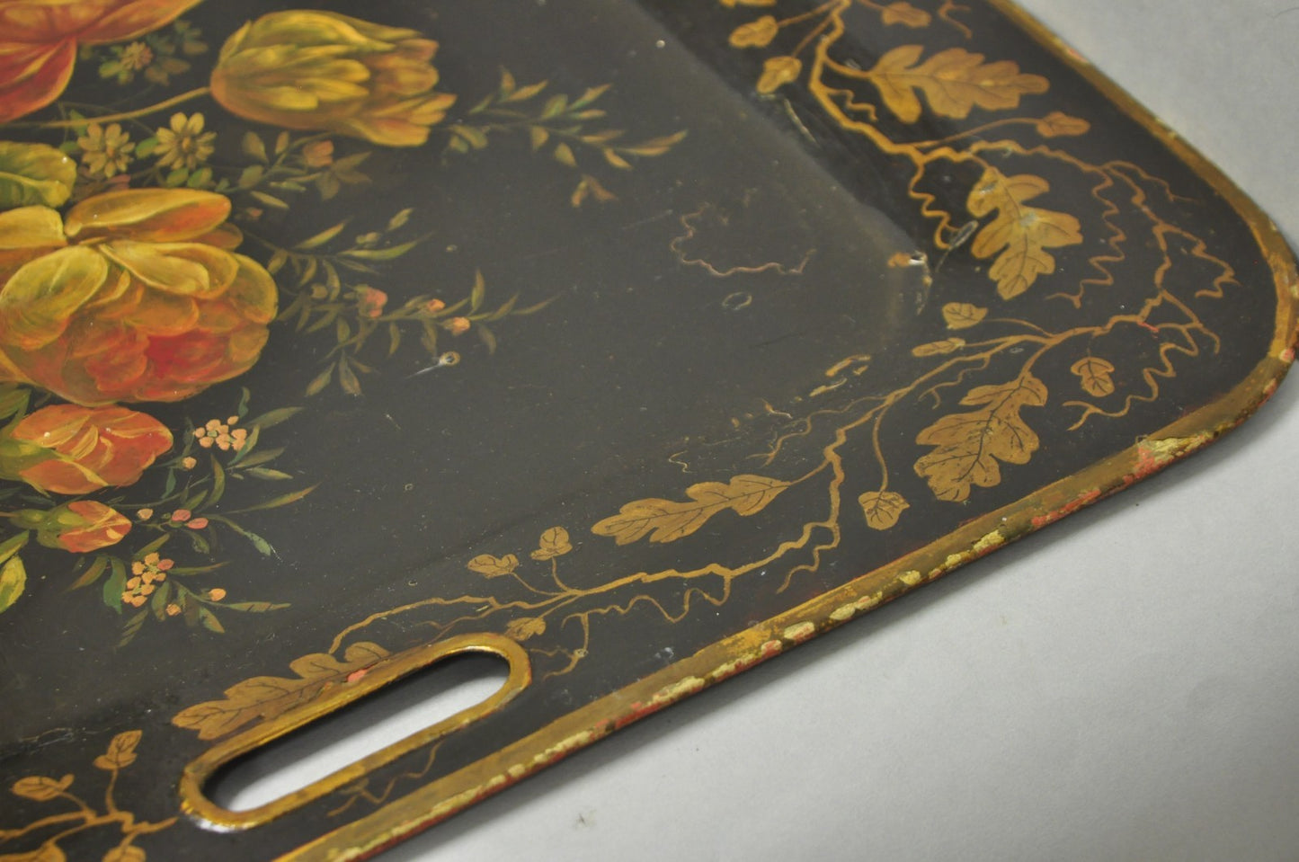 Antique French Country Tole Metal Hand Painted Floral Large Serving Platter Tray