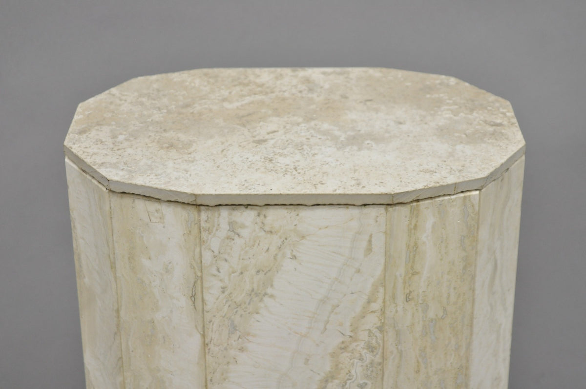 Vintage Postmodern Travertine Stone Small 20" Modern Pedestal Stand Side Table