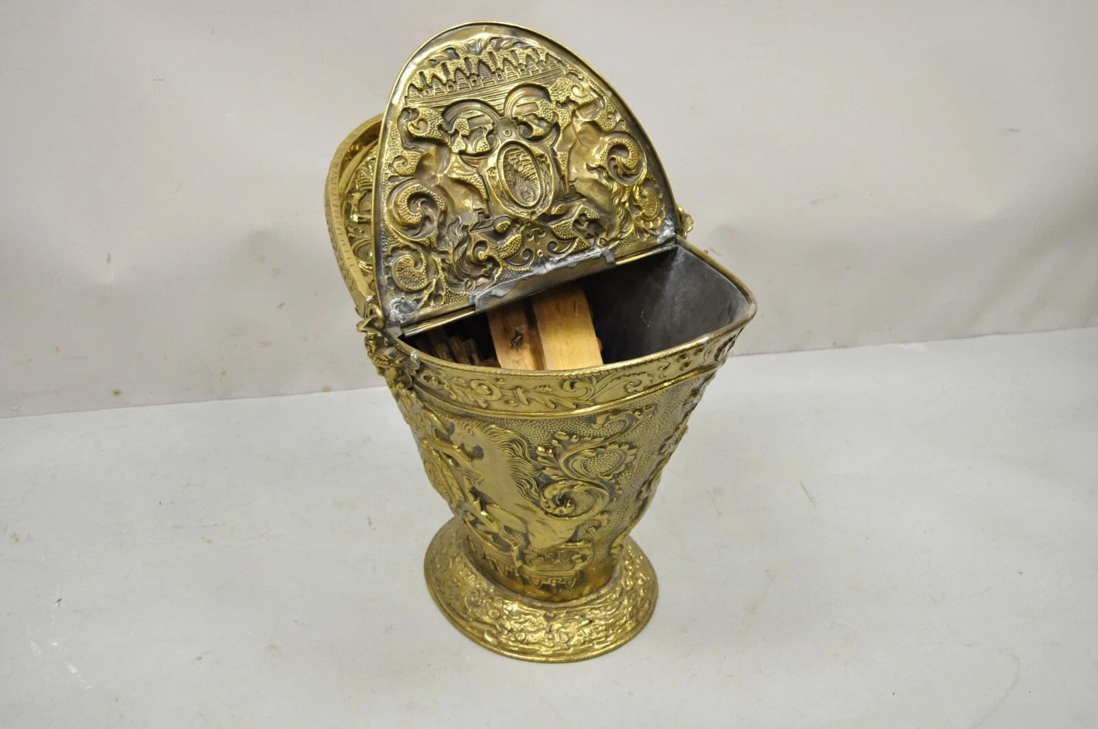 Antique English Renaissance Unicorn & Lion Brass Figural Coal Bucket Log Bin