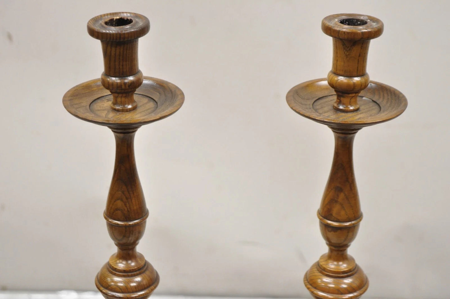 Vintage Italian Renaissance Jacobean Turn Carved Oak Wood 18.5" Candlestick Pair