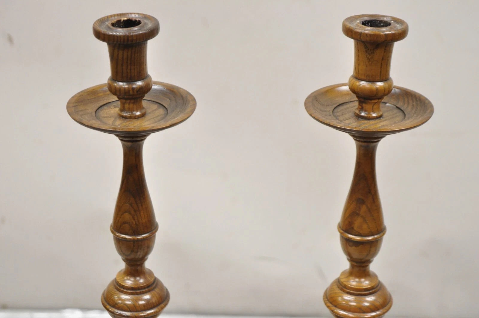 Vintage Italian Renaissance Jacobean Turn Carved Oak Wood 18.5" Candlestick Pair
