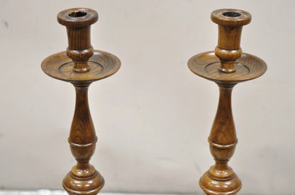 Vintage Italian Renaissance Jacobean Turn Carved Oak Wood 18.5" Candlestick Pair