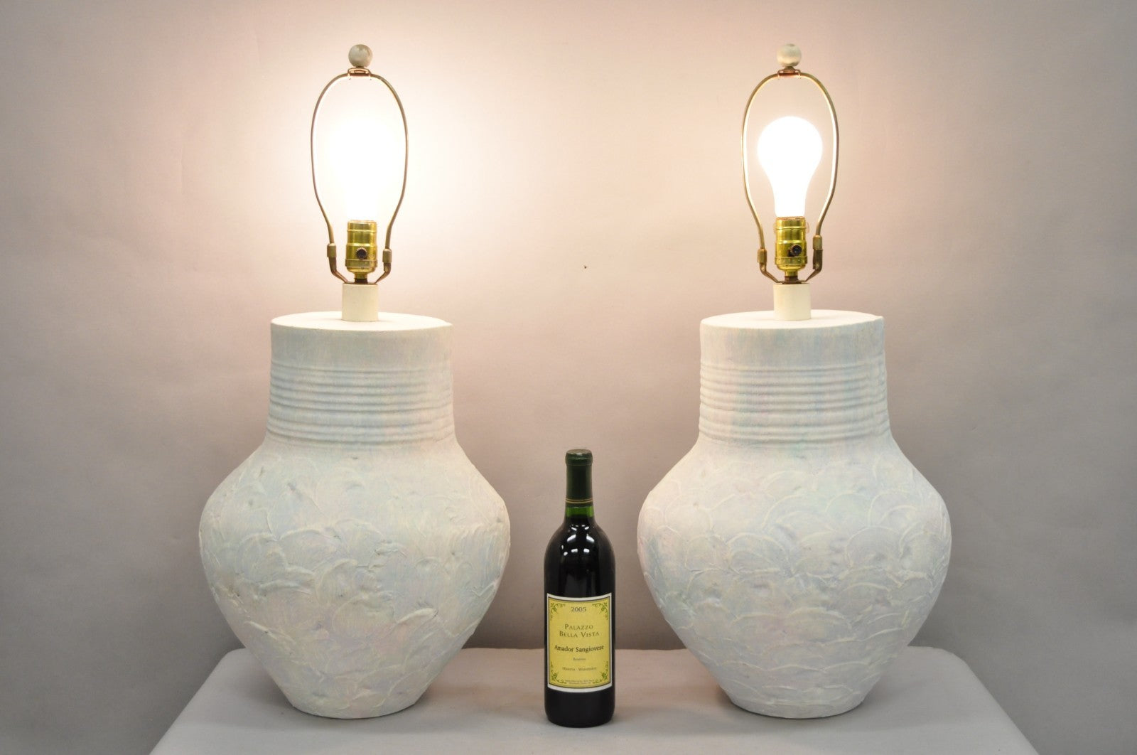 Vintage Postmodern Beach House Ceramic Plaster White Bulbous Table Lamps, a Pair