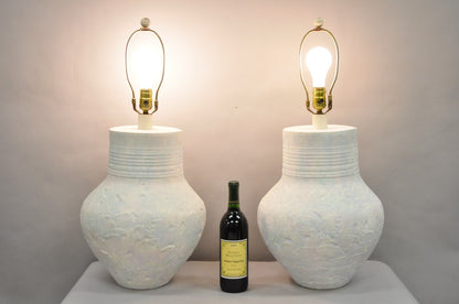 Vintage Postmodern Beach House Ceramic Plaster White Bulbous Table Lamps, a Pair