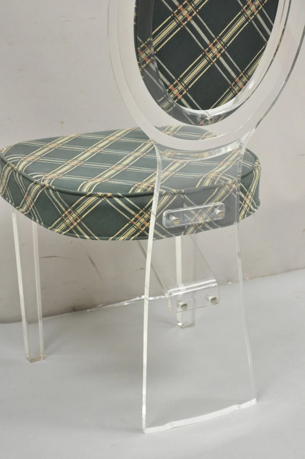 Vintage Hill Mid Century Modern Lucite Oval Back Upholstered Vanity Side Chair