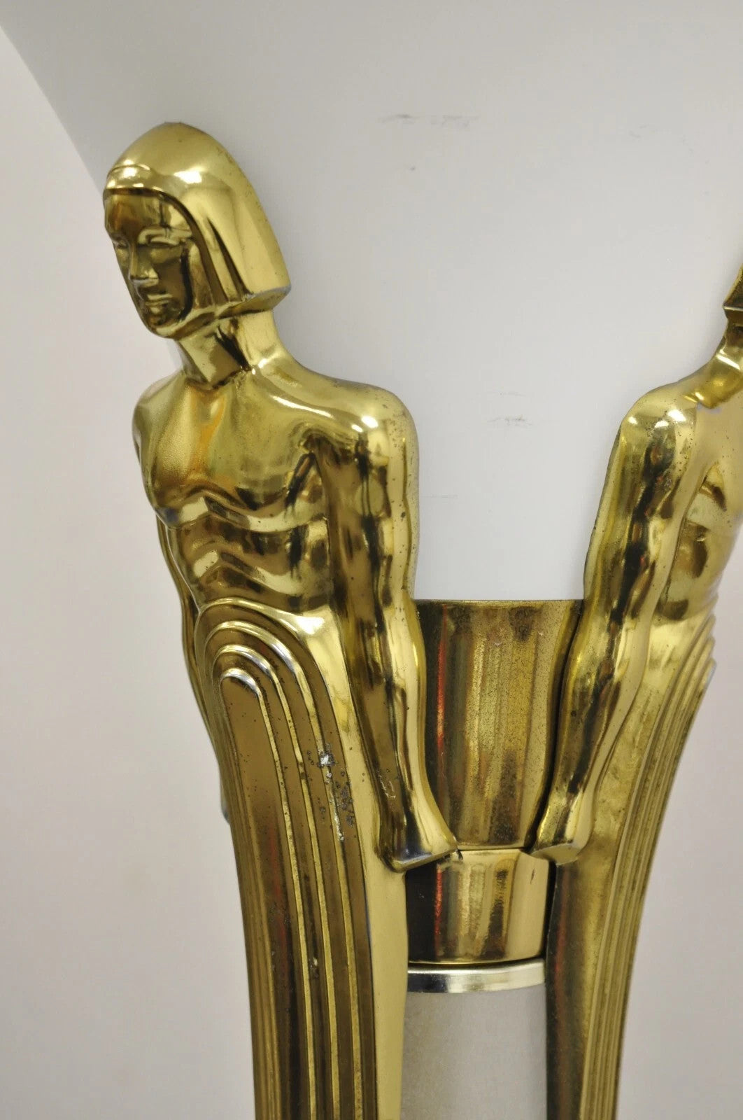 Vintage Postmodern Art Deco Figural Frosted Acrylic & Glass Torchiere Floor Lamp