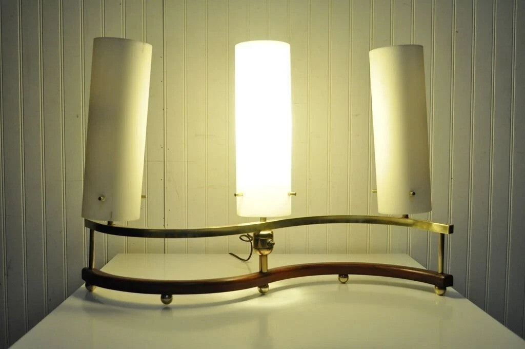 Vintage Mid Century Modern Stilnovo Brass Walnut & Glass Sculptural Table Lamp