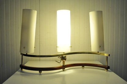 Vintage Mid Century Modern Stilnovo Brass Walnut & Glass Sculptural Table Lamp