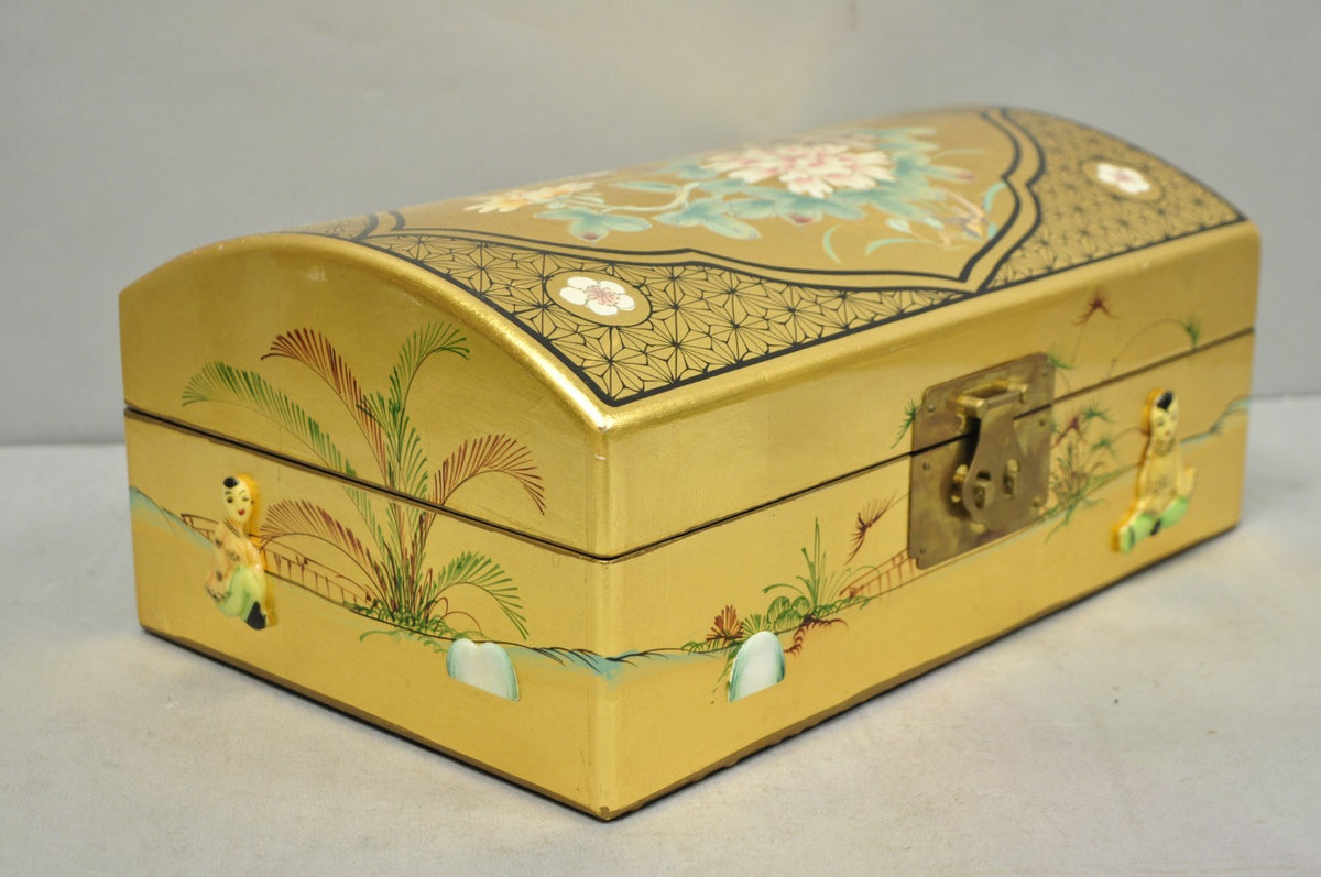 Vintage Chinese Oriental Gold Leaf Dome Lid Jewelry Box w/ Soapstone Figures