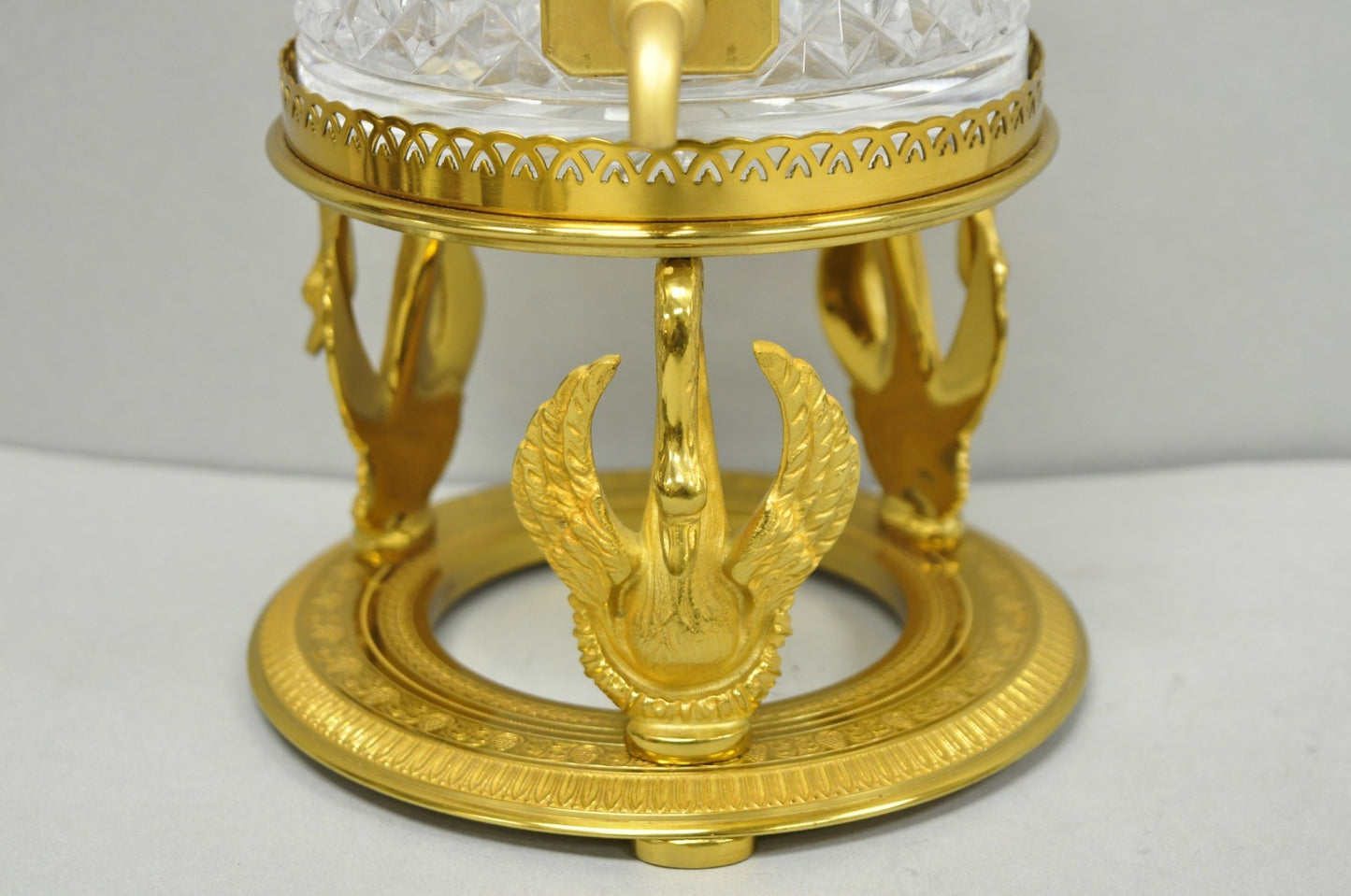 Vintage French Baccarat Style Bronze Swan & Cut Crystal Glass Liquor Decanter