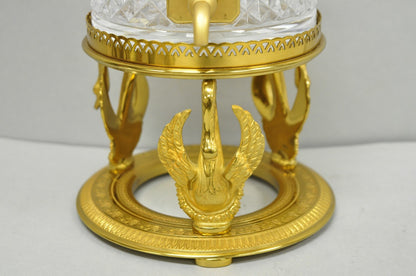 Vintage French Baccarat Style Bronze Swan & Cut Crystal Glass Liquor Decanter