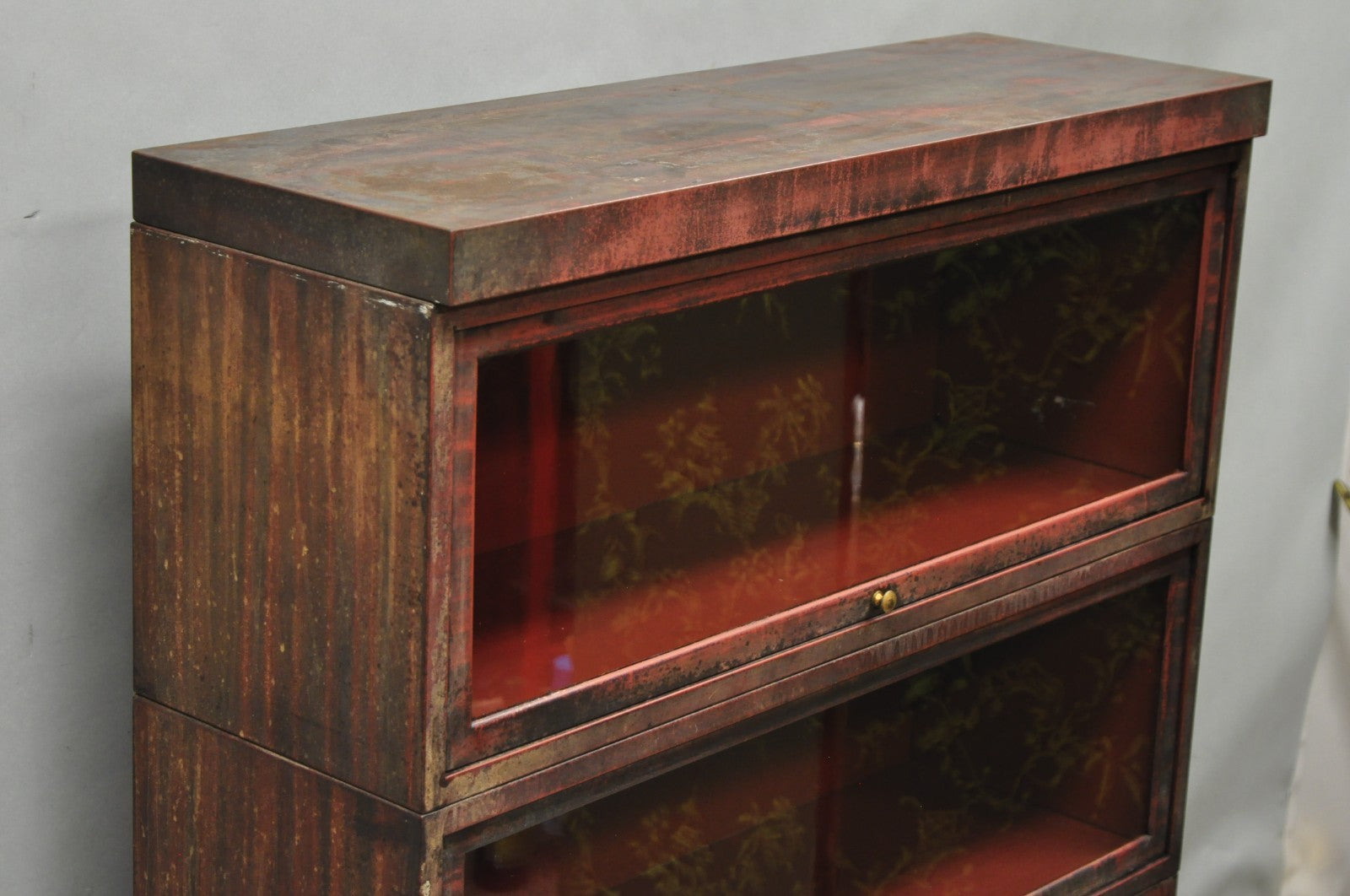 Vintage Industrial Steel Metal Faux Woodgrain Painted Stack Barrister Bookcase