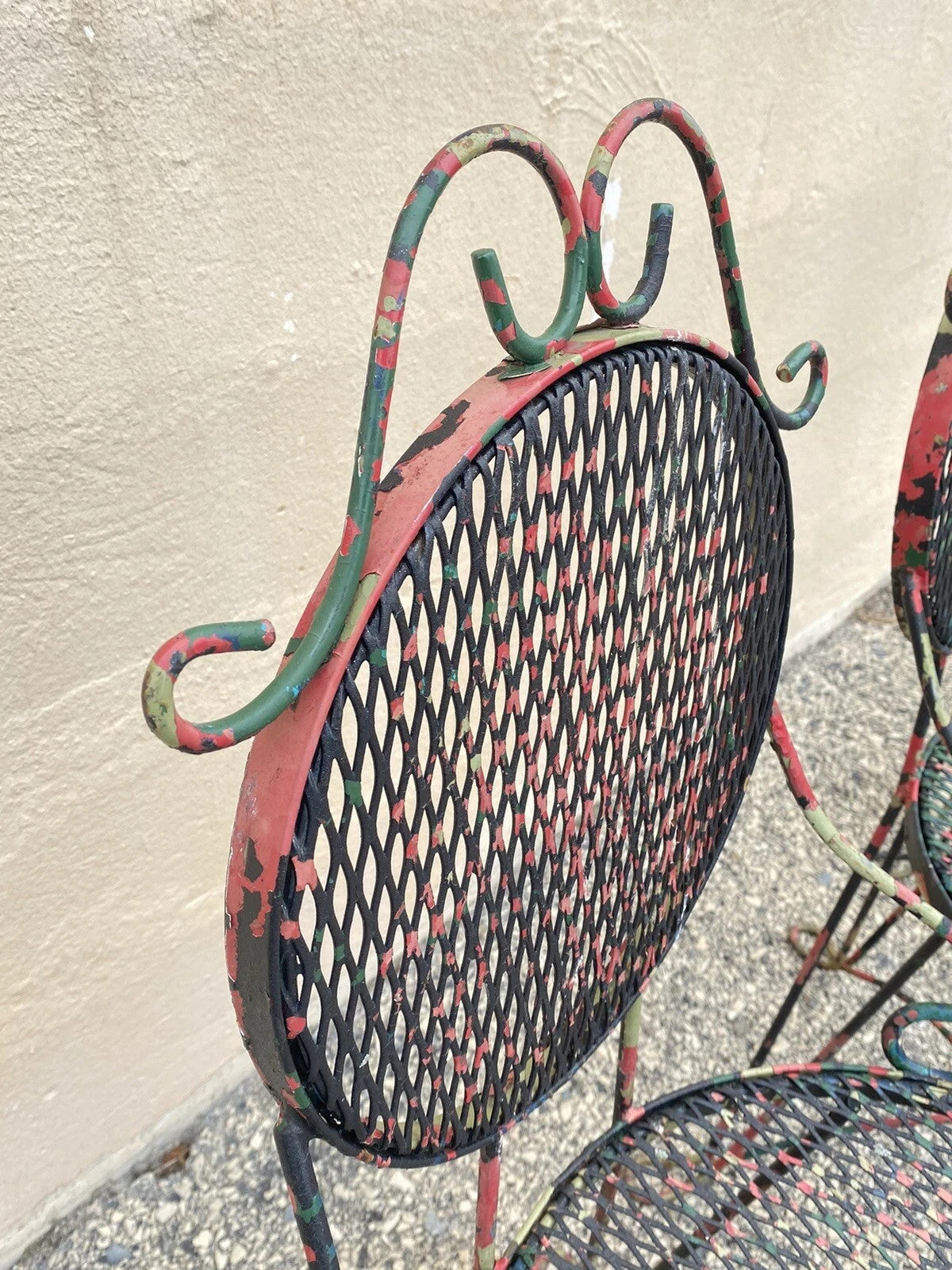 Vintage Victorian Style Small Wrought Iron Camo Paint Garden Patio Chair - Set 4