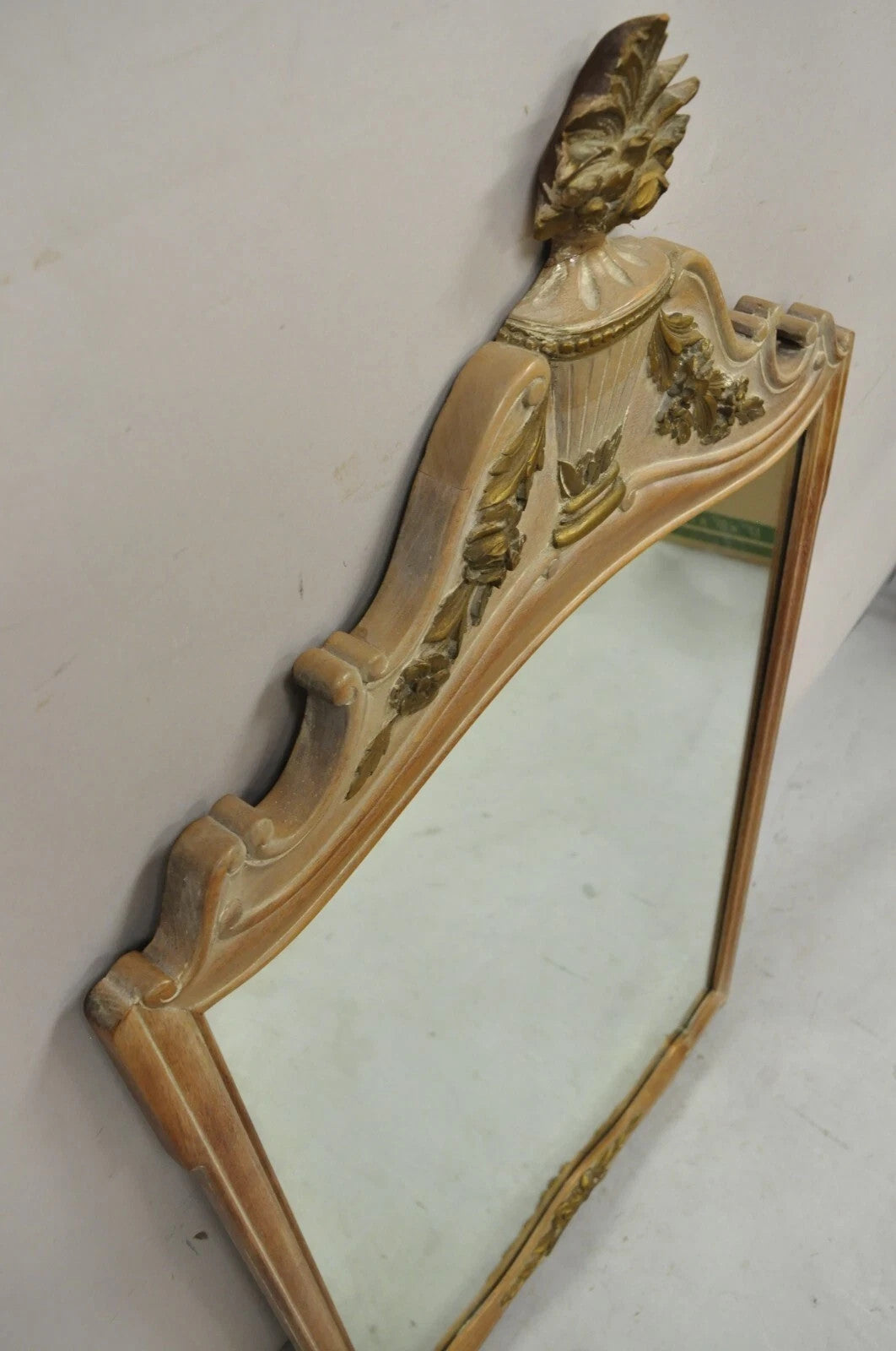 Vintage French Country Provincial Louis XV Style Carved Wood Urn Wall Mirror