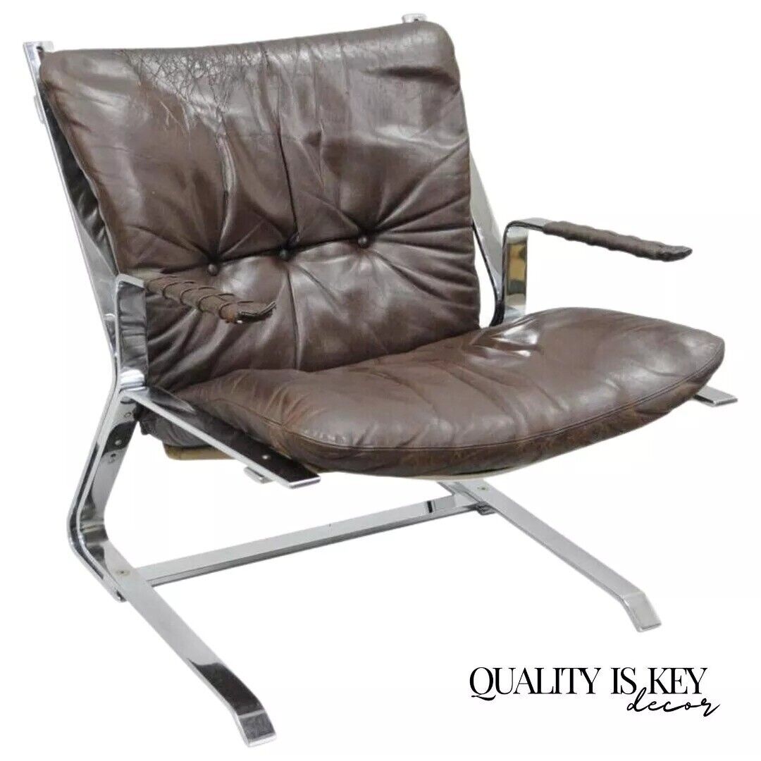 Elsa & Nordahl Solheim for Rykkin Pirate Brown Leather & Chrome Lounge Chair
