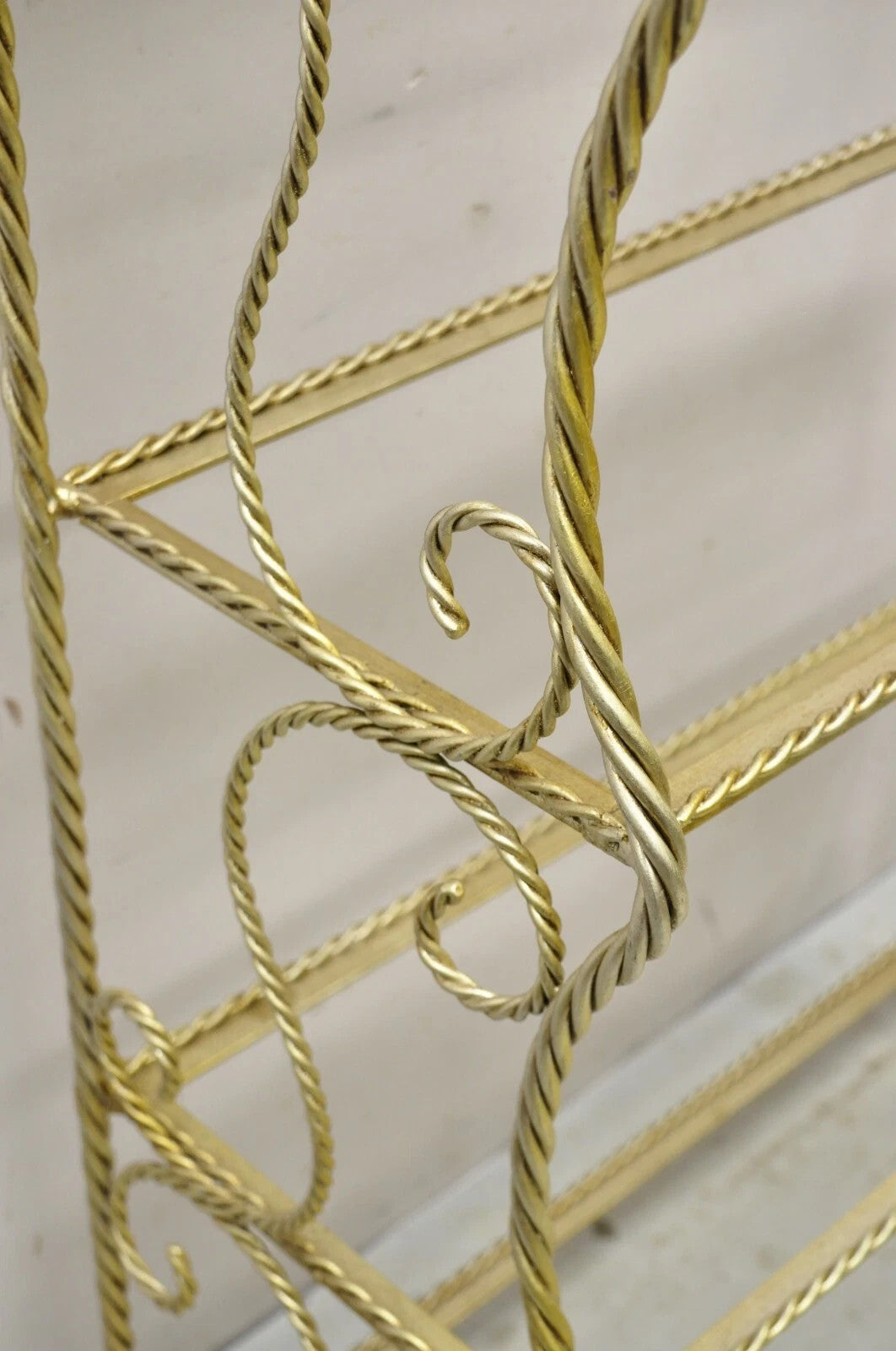 Italian Hollywood Regency Iron Rope Tassel Silver Gold 5 Tier Etagere Bookcase