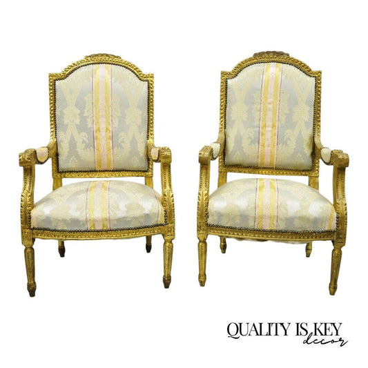 Vintage French Louis XVI Gold Giltwood Upholstered Lounge Chairs (B) - a Pair