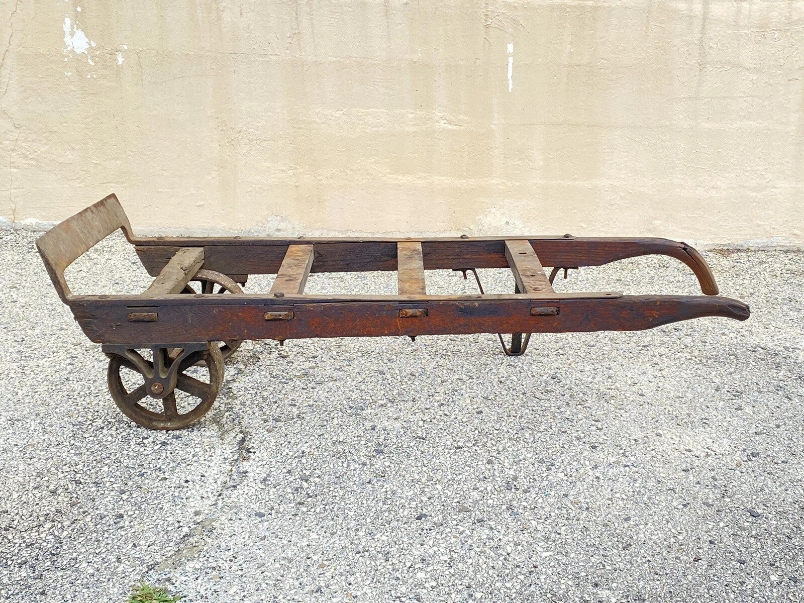 Antique Industrial Vintage Oak Wood and Steel Metal Factory Hand Truck