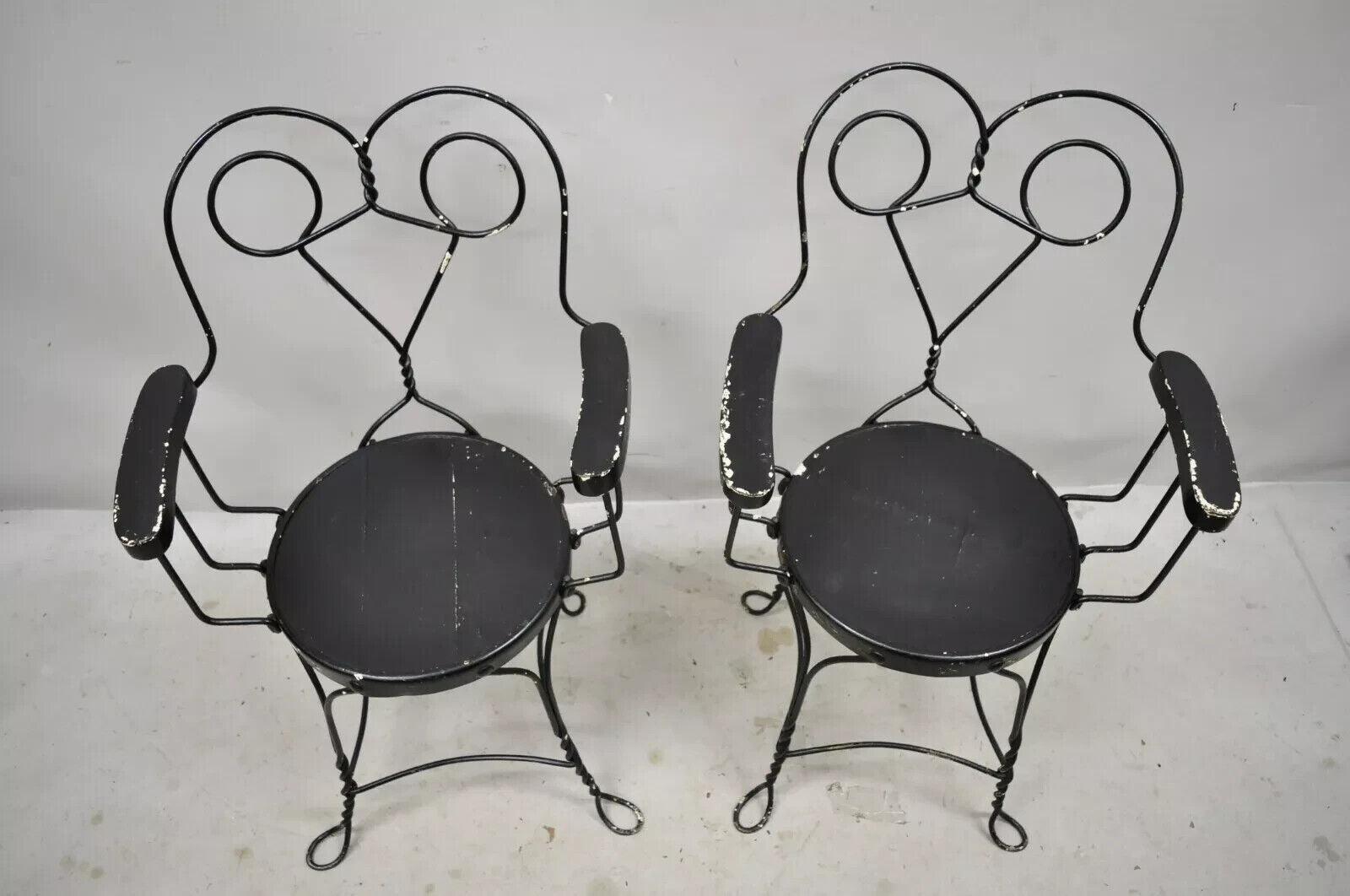 Antique Wrought Iron Twisted Metal Ice Cream Parlor Arm Chairs Wood Arms - Pair