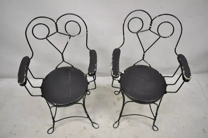 Antique Wrought Iron Twisted Metal Ice Cream Parlor Arm Chairs Wood Arms - Pair