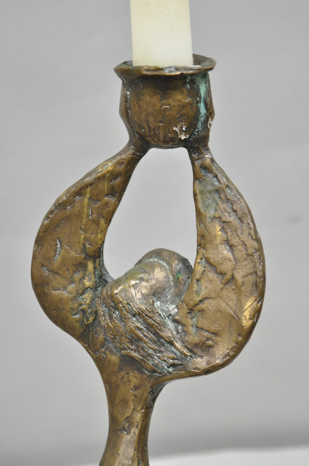 Vintage Brutalist Bronze Figural Dancing Rabbi Judaica Candlesticks - a Pair