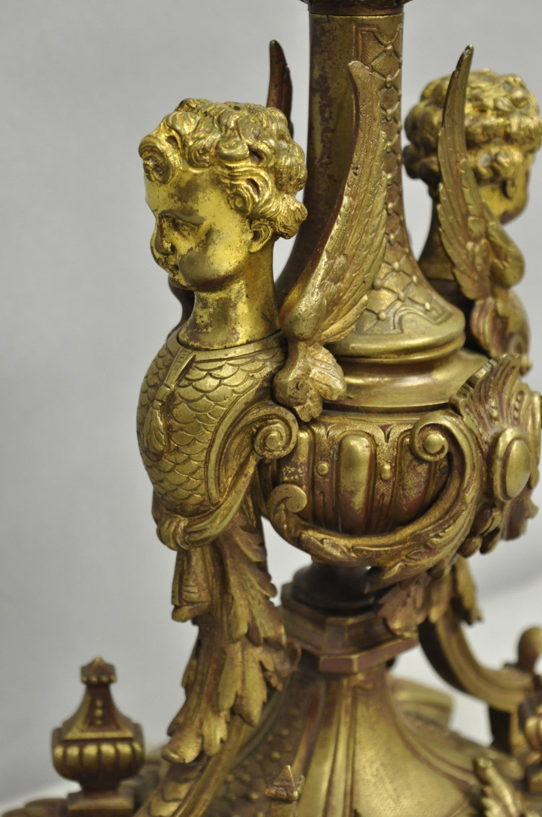 Antique French Louis XV Style Bronze Figural Winged Cherub Gold Table Lamp
