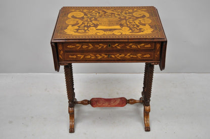 19th C. Dutch Marquetry Inlaid Regency Style Drop Leaf Sewing Stand Work Table 