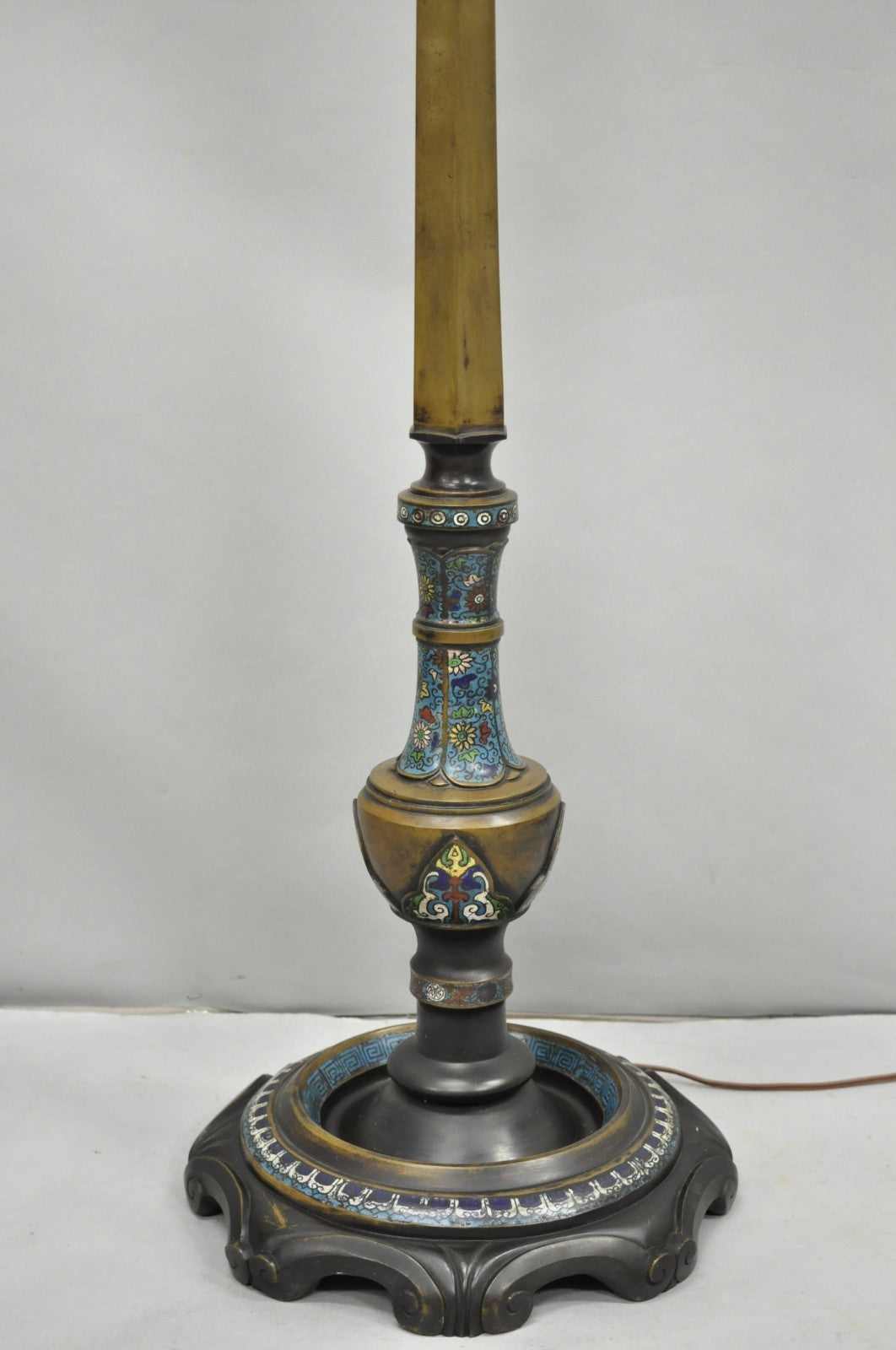 Antique Cloisonne Chinese Patinated Bronze Porcelain Enamel Pole Floor Lamp
