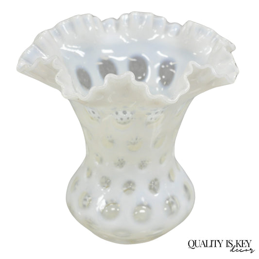 Vintage Fenton White Coin Dot Opalescent Art Glass Ruffle Edge Flower Vase