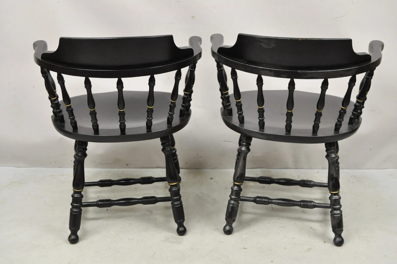 Vintage S. Bent & Bros Black Painted Eagle Colonial Pub Arm Chairs - a Pair