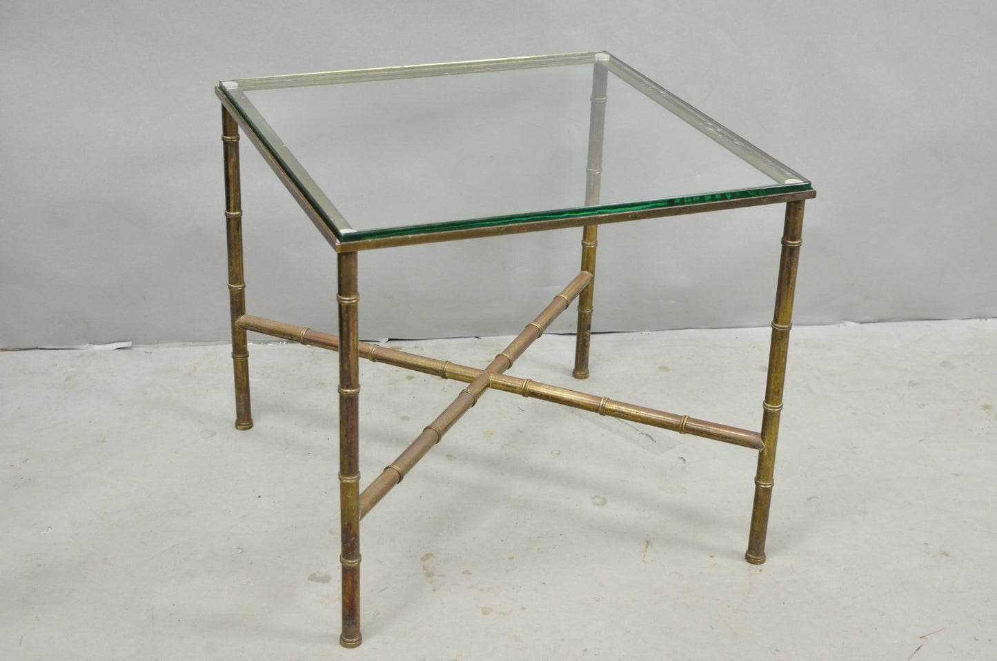 Vintage Hollywood Regency Brass Faux Bamboo Square Glass Top Low Side Table