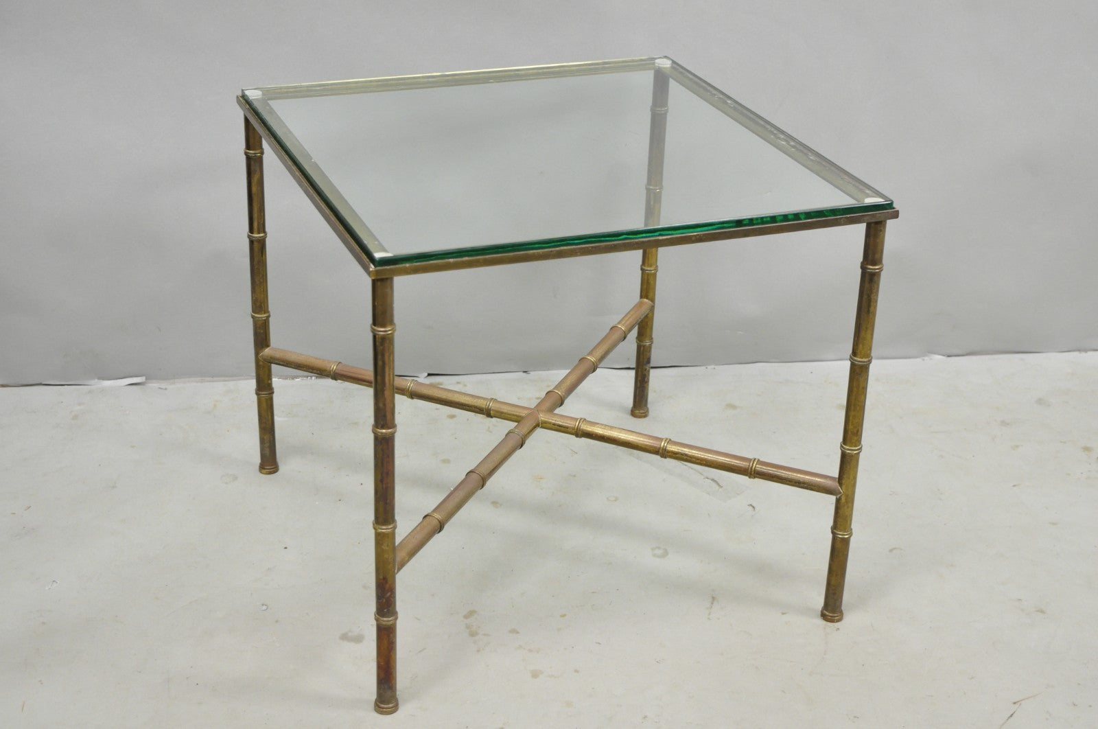 Vintage Hollywood Regency Brass Faux Bamboo Square Glass Top Low Side Table
