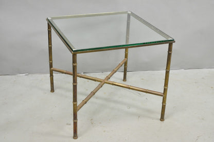 Vintage Hollywood Regency Brass Faux Bamboo Square Glass Top Low Side Table