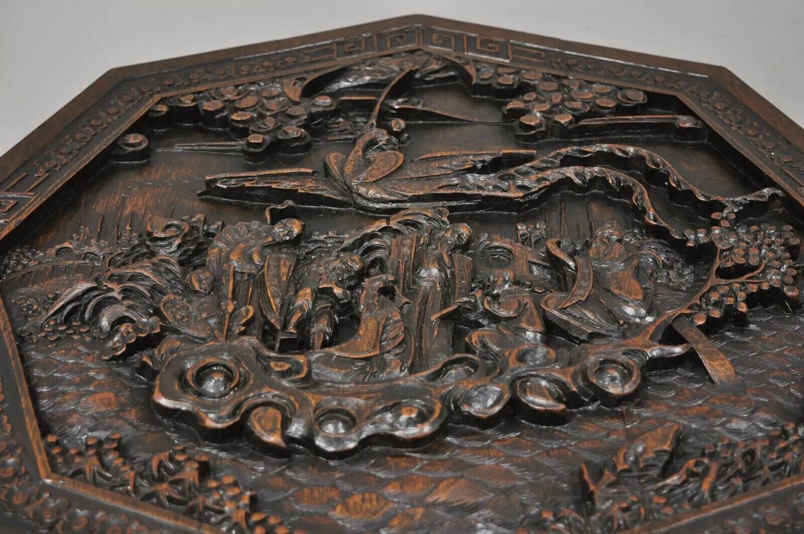 Antique Chinese Carved Hardwood Folding Gate Leg Table with Figural Carvings