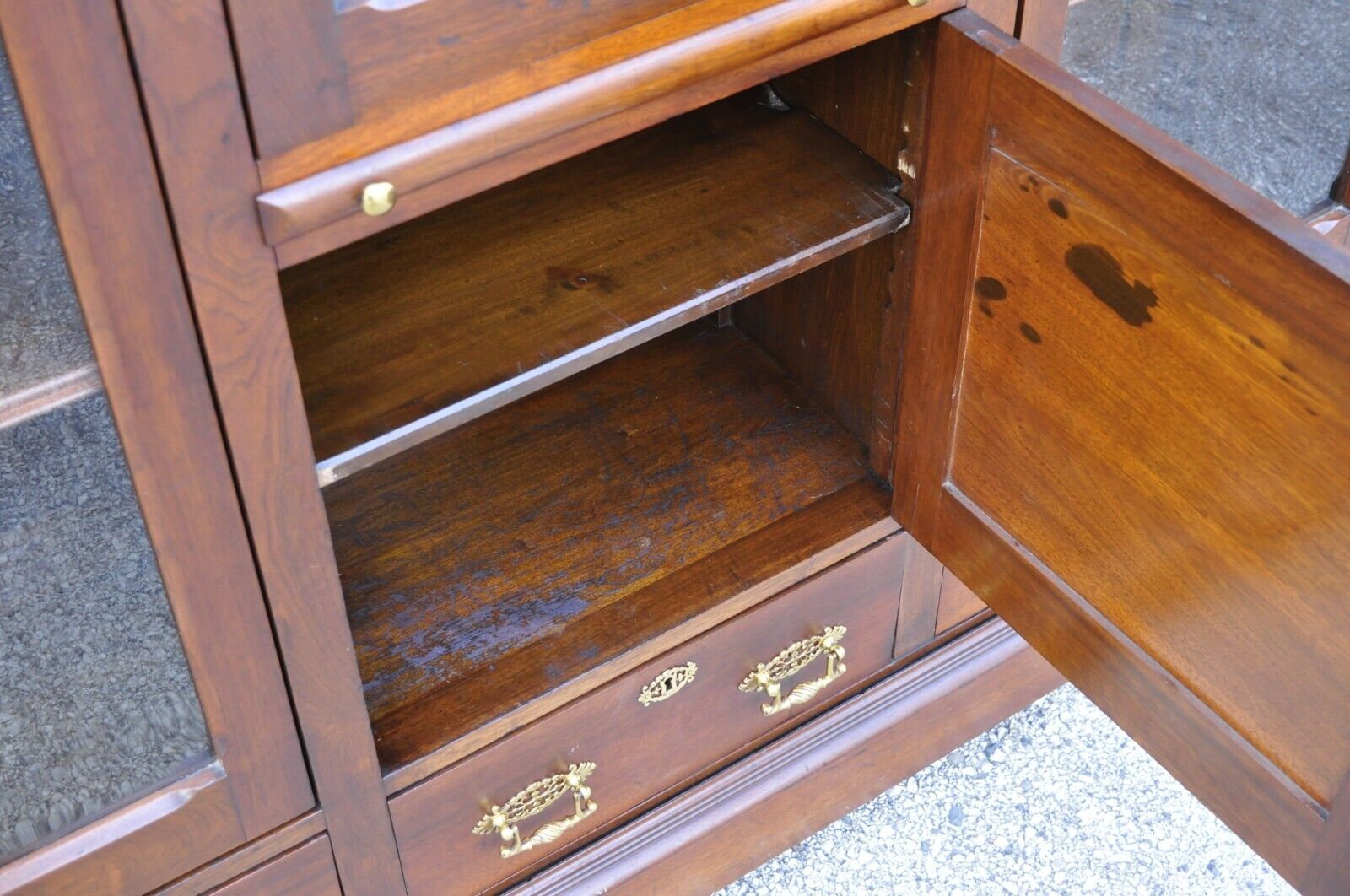 Antique Eastlake Victorian Walnut Wavy Glass Triple Bookcase Display Cabinet