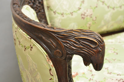 Antique Italian Renaissance Carved Walnut French Victorian Rams Head Green Sofa