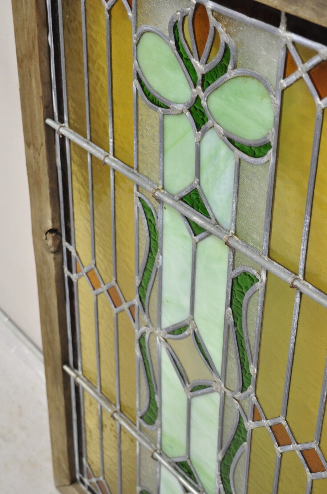 Antique Victorian Leaded Stained Glass Green Amber Tortoise Window in Wood Frame