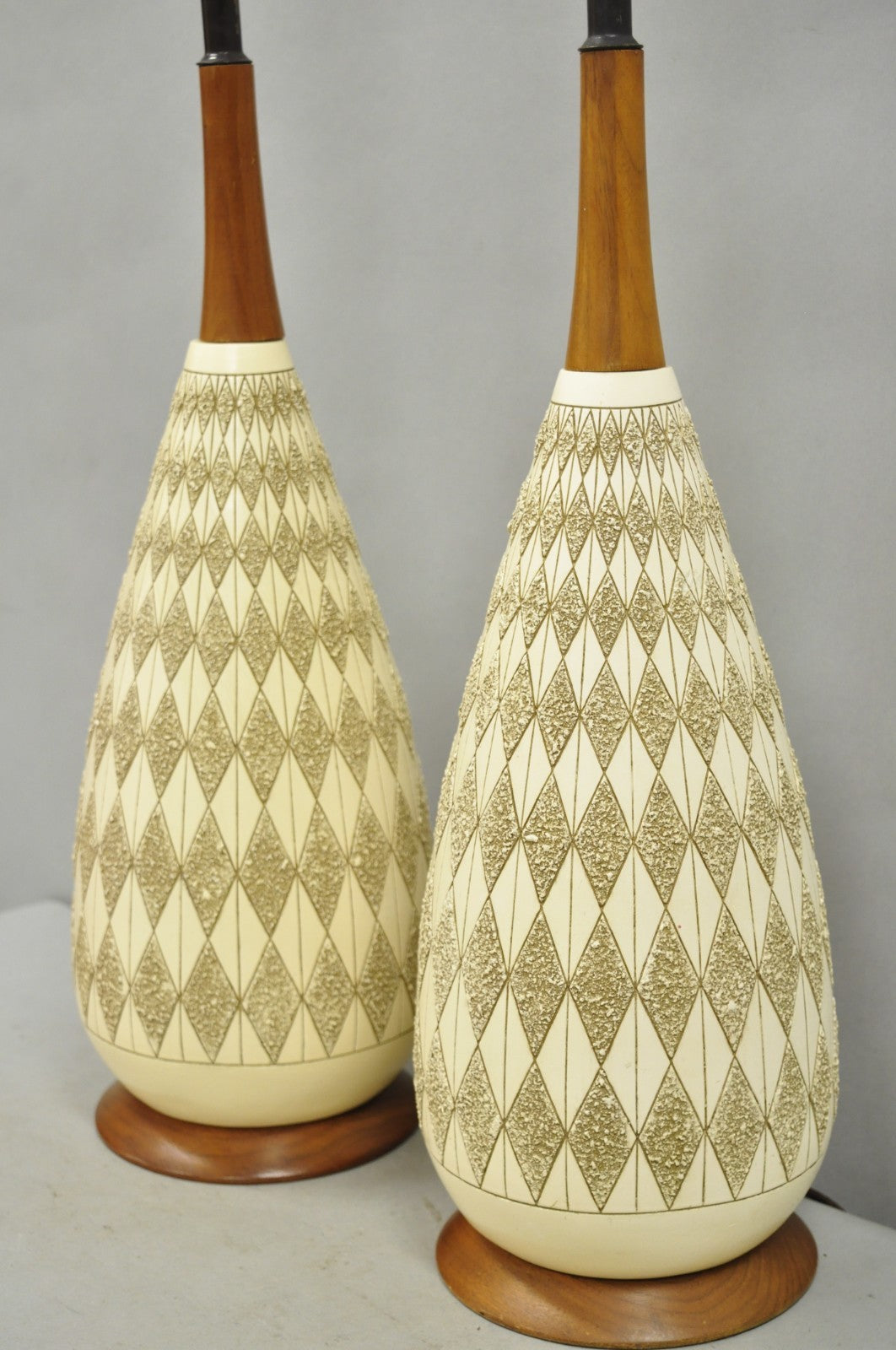 Vintage Mid Century Modern Sculpted Ceramic Pottery & Walnut Table Lamps - Pair