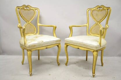 Vintage Italian Provincial French Louis XV Yellow Cane Dining Arm Chairs - Pair