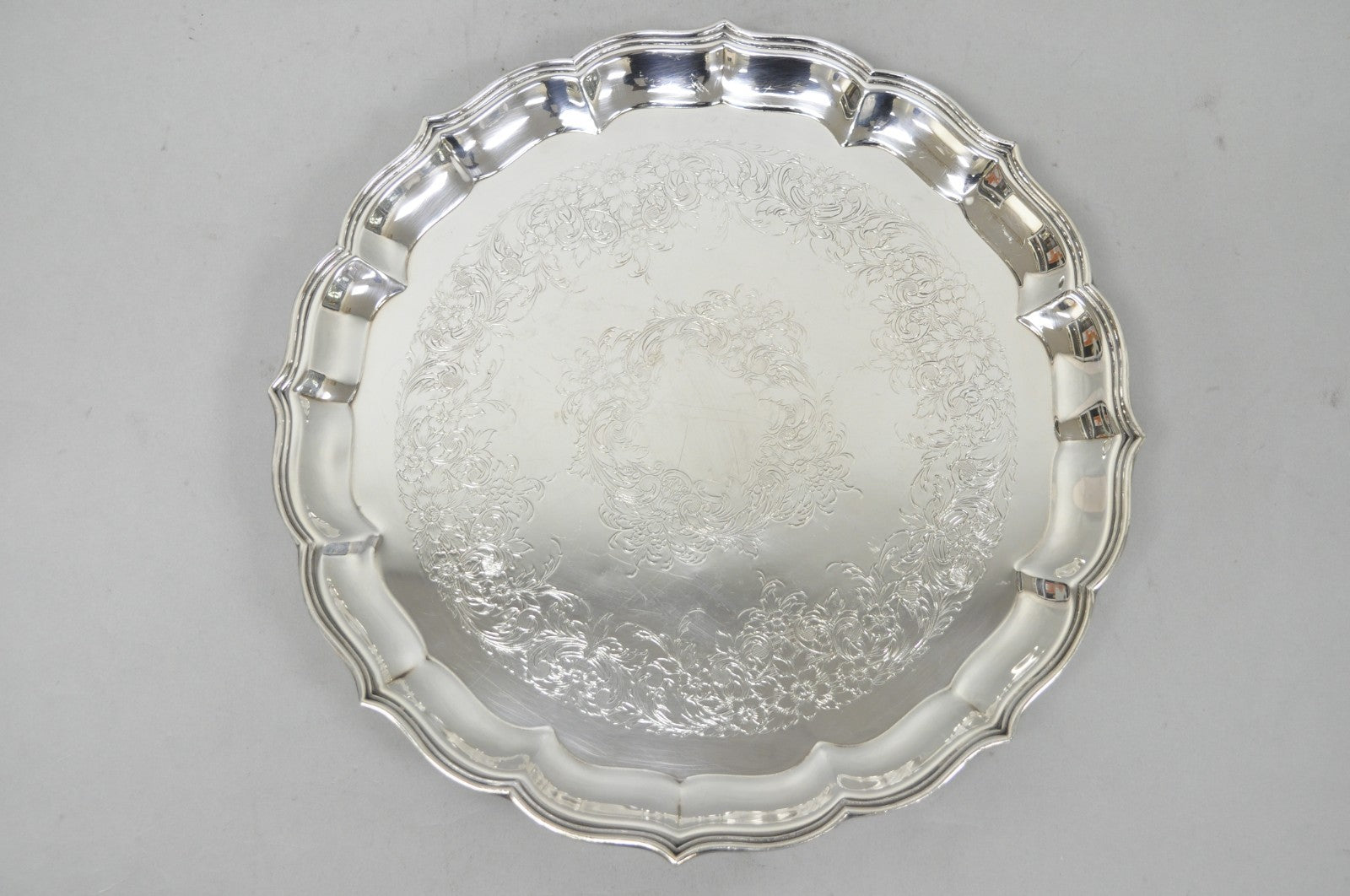 Vintage International Silver Co Large Round Silver Plated Footed Serving Tray